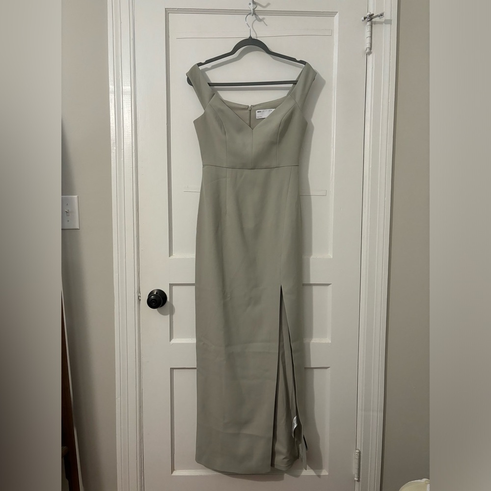 ASOS DESIGN Bridesmaid crepe bardot column maxi dress with split in sage green